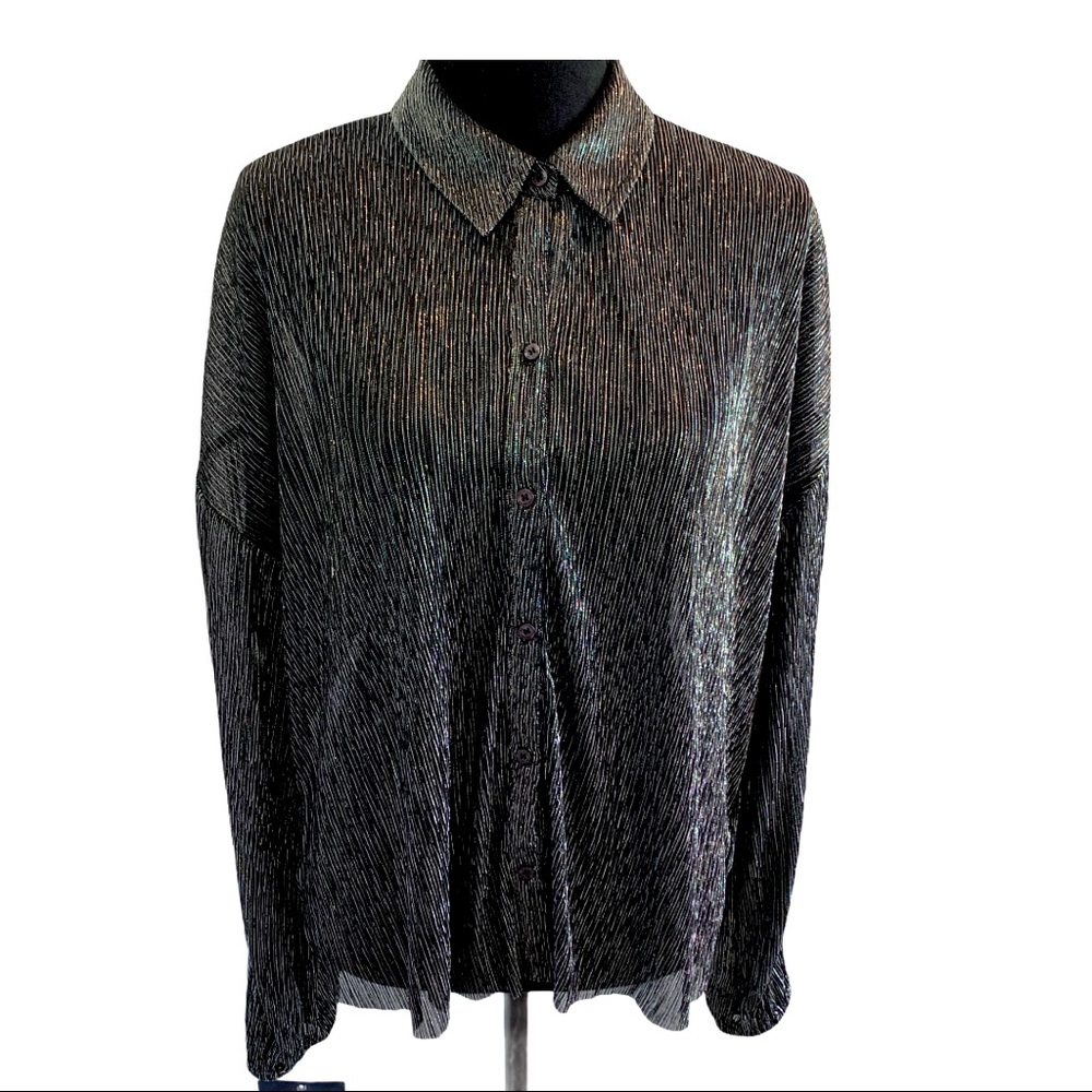 Rachel Roy Button Down Sheer black/silver shimmer blouse Sz M